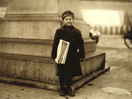 Thomas Messina, 8 years old, Newsboy, Full-Length Portrait, Hoboken, New Jersey, USA, Lewis Hine for National Child Labor Committee, December 1912