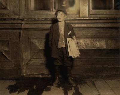Joseph Weiss, 11-year-old Newsboy, Full-Length Portrait Selling Newspapers Late at Night, Newark, New Jersey, USA, Lewis Hine for National Child Labor Committee, December 1912