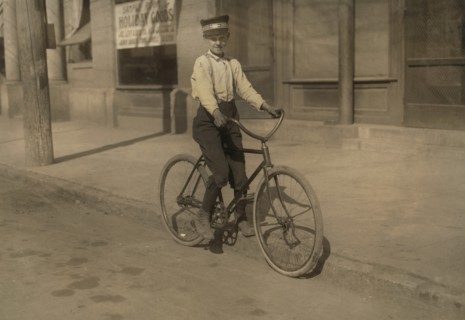 Western Union Messenger, 14 years old, Portrait on Bicycle, Shreveport, Louisiana, USA, Lewis Hine for National Child Labor Committee, November 1913
