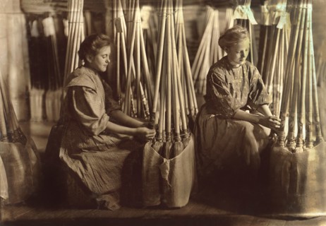 Two Girls Packing Brooms in Packing Department, S.W. Brown Manufacturing Company, Evansville, Indiana, USA, Lewis Hine for National Child Labor Committee, October 1908