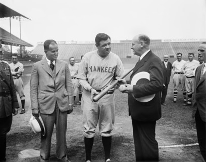Babe Ruth of the New York Yankees Signing Baseball Bat before Game, Griffith Stadium, Washington DC, USA, Harris & Ewing, 1928