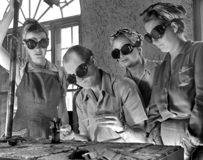 Instructor Training Three Women to Weld Aircraft at Vocational School as part of Program to Provide more Workers for War Production for Florida's Pooling Program, De Land, Florida, USA, Howard R. Holl...