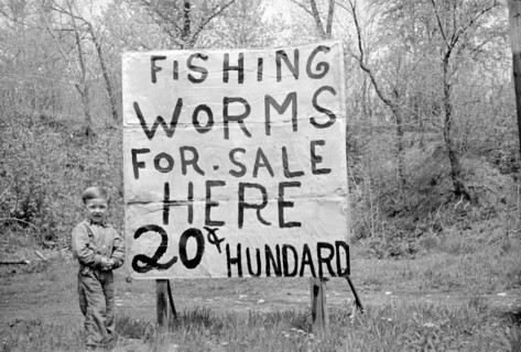 Young Boy Selling Fishing Worms, Standing next to Large Sign, Lake Ozark, Missouri, USA, Farm Security Administration, 1935