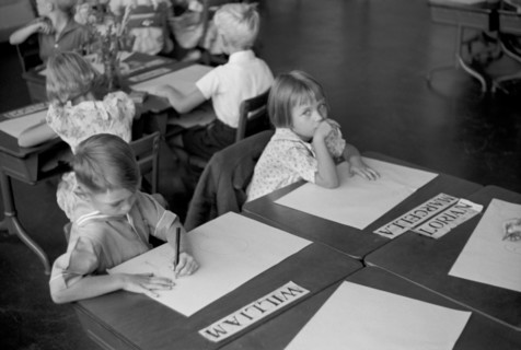 Group of Children Drawing at Desks in Classroom, Greenhills, Ohio, USA, a Greenbelt Community Constructed by U.S. Department of Agriculture as Part of President Franklin Roosevelt's New Deal, John Vac...