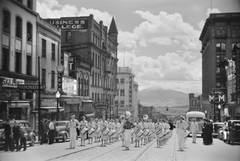 High School Band Marching in Parade, Montana Street, Butte, Montana, USA, Arthur Rothstein for Farm Security Administration, July 1939