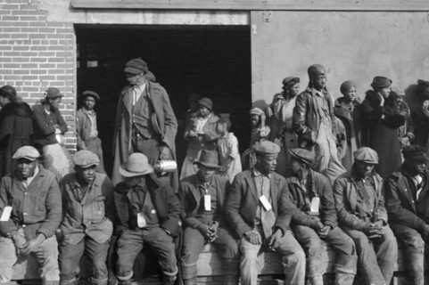 African-American Flood Refugees Wearing Identification Tags after Registration in the Flood Refugee Camp, Forrest City, Arkansas, USA, Edwin Locke for U.S. Resettlement Administration, February 1937