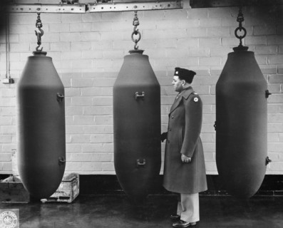Three 2,000-pound Bombs awaiting Transport from Factory, Ravenna, Ohio, USA, Office of War Information, March 1943