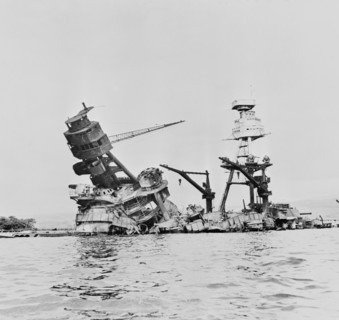 Wreckage of USS Arizona after Imperial Japanese Navy Air Service Attack, Pearl Harbor Hawaii, Office of Emergency Management, December 7, 1941