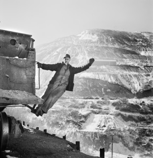 Brakeman of an Ore Train at Open-Pit Mining Operations, Utah Copper Company, Bingham Canyon, Utah, USA, Andreas Feininger for Office of War Information, November 1942