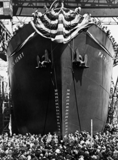 Launching Ceremony of Liberty Ship SS Patrick Henry, the first U.S. Mass-Produced Cargo Ship during WWII, Bethlehem-Fairfield Shipyard, Baltimore, Maryland, USA, Office of War Information, September 2...