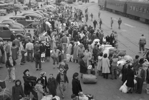 Japanese-Americans Waiting for Train to Owens Valley During Evacuation of Japanese-Americans from West Coast Areas under U.S. Army War Emergency Order, Los Angeles, California, USA, Russell Lee, Offic...
