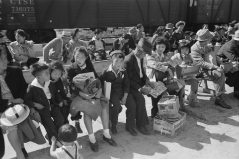 Japanese-Americans Waiting for Registration at Reception Center During Evacuation of Japanese-Americans from West Coast Areas under U.S. Army War Emergency Order, Santa Anita, California, USA, Russell...