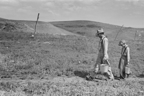 William Huravitch and Son Carrying Water to their Home during Drought, Water Source is about a Half Mile Away, Williams County, North Dakota, USA, Russell Lee, U.S. Resettlement Administration, Septem...