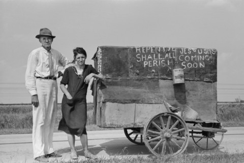 Traveling Evangelists with Cart on Road between Lafayette and Scott, Louisiana, USA, Russell Lee, Farm Security Administration, October 1938