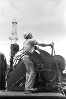 Winch Operator at Oil Well, Oklahoma City, Oklahoma, USA, Russell Lee, Farm Security Administration, August 1939
