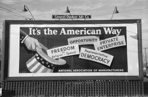 Billboard, National Association of Manufacturers, Oklahoma City, Oklahoma, USA, Russell Lee, Farm Security Administration, January 1940