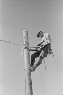 Lineman on Telephone Pole, Casa Grande Valley Farms, Pinal County, Arizona, USA, Russell Lee, Farm Security Administration, April 1940