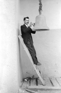 Close-up Portrait of Man Ringing Bell with Rock, Church of the Twelve Apostles, Trampas, New Mexico, USA, Russell Lee, Farm Security Administration, July 1940