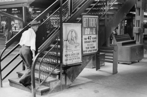 Man Walking up "L" Steps, Chicago, Illinois, USA, John Vachon, Farm Security Administration, July 1940
