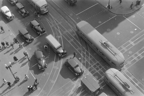 High Angle View of Street Scene with Pedestrians, Street Cars and Automobiles, 14th Street and Pennsylvania Avenue, Washington DC, USA, David Myers, Farm Security Administration, 1939