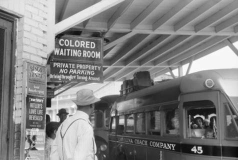 Bus Station with Sign "Colored Waiting Room", Durham, North Carolina, USA, Jack Delano, Office of War Information, May 1940