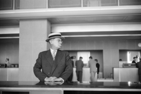 Passenger Waiting in Lobby of Municipal Airport, Washington DC, USA, Jack Delano, Farm Security Administration, July 1941