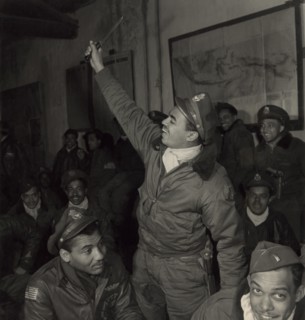Members of 332nd Fighter Group in Briefing Room, Foreground (left to right) Gentry E. Barnes, Lawrenceville, IL, 44-D; Samuel W. Watts, Jr., New York, NY, 44-E; Wendell M. Lucas, Fairmont Heights, MD,...