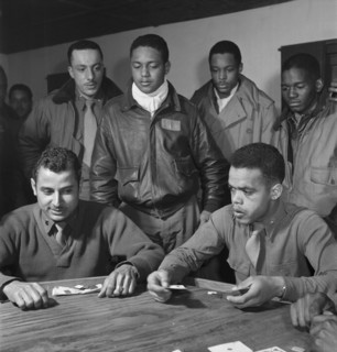 Tuskegee Airmen Playing Cards in Officers' Club, Seated, left to right: Robert Spurlock, Washington, DC; Harold M. Morris, Seattle, WA, Class 44-D