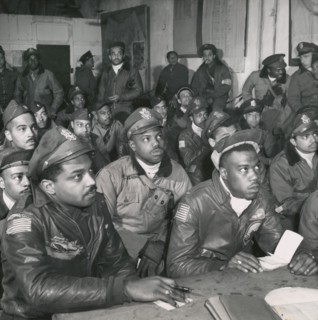 Members of Army Air Force 332nd Fighter Group in Briefing Room, Ramitelli, Italy, Toni Frissell, March 1945