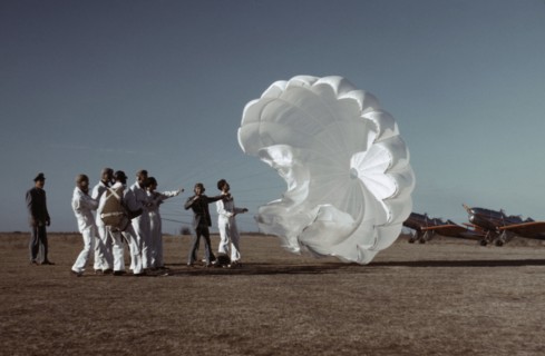Instructor Explaining Operation of Parachute to Student Pilots, Meacham Field, Fort Worth, Texas, USA, Arthur Rothstein for Farm Security Administration, January 1942