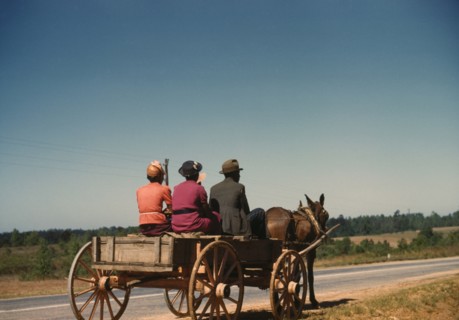 Three People Going to Town in Horse-Drawn Wagon on Saturday Afternoon, Greene County, Georgia, USA, by Jack Delano for Farm Security Administration, May 1941