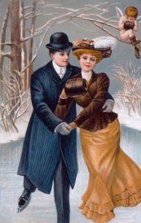 Couple Ice Skating With Cupid Looking On, Lithograph, circa 1900