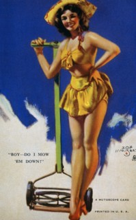 Sexy Woman Standing by Lawn Mower, Boy, Do I Mow 'Em Down, Mutoscope Card, 1940's