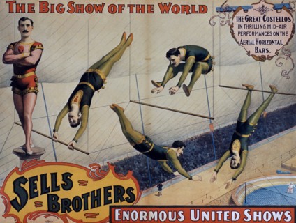 Sells Brothers Enormous United Shows Poster, The Great Costellos in Thrilling Mid-Air Performances on the Aerial Horizontal Bars