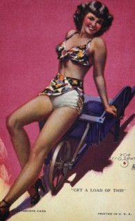 Woman Seated on Wheelbarrow, "Get a load of This", Mutoscope Card, 1940's