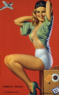 Woman Seated on Suitcase, "Visibility Perfect", Mutoscope Card, 1940's