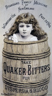 Young Girl in Barrel, Quaker Bitters for Dyspepsia and Blood, Trade Card, circa 1900