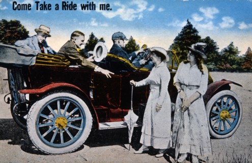 Three Men in Automobile Soliciting Two Women Standing Beside Car, Hand-Colored Photograph, circa 1908