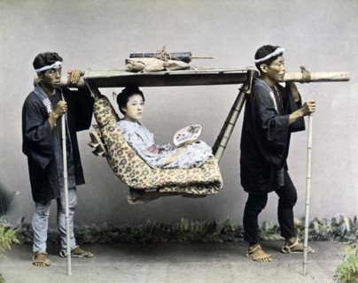 Japanese Woman Traveling in Kago or Chair, Hand Colored Albumen Photograph, circa 1880