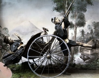 Japanese Woman Traveling in Chair, Hand Colored Albumen Photograph, circa 1880