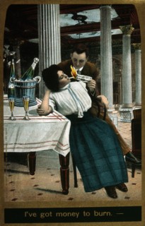 Couple in Restaurant Drinking Champagne & Lighting Cigarette with Dollar Bill, I've got Money to Burn, Illustration, circa 1901