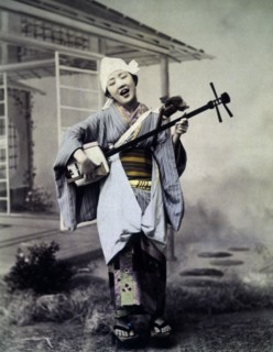 Girl with Samisen or Gozenobo, Hand Colored Albumen Photograph, circa 1880