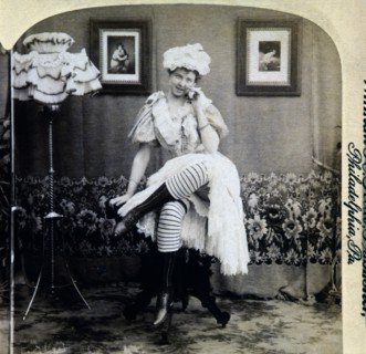 Seated Woman with Striped Stockings Holding Banana to Ear, Single Image of Stereo Card, circa 1900