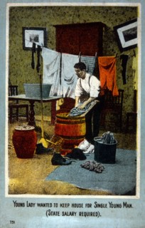 Man at Home Doing Laundry, Young Lady Wanted to Keep House for Single Young Man, circa 1910