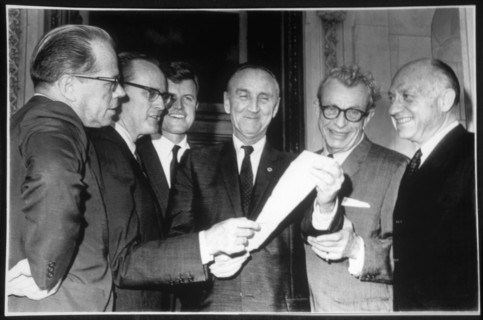 Senators Thomas Kuchel, Philip Hart, Edward Kennedy, Mike Mansfield, Everett Dirksen and Jacob Javits During Voting Rights Bill Passage, 1965