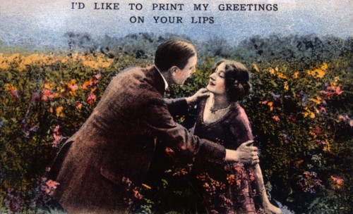 Man and Woman in Field of Flowers, I'd Like to Print my Greeting on Your Lips, Postcard, circa 1914