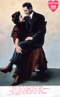 Man Seated on Woman's Lap, Leap Year, Postcard, circa 1912