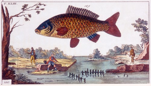 Fish and Fishermen, Hand-Colored Woodcut, circa 1800