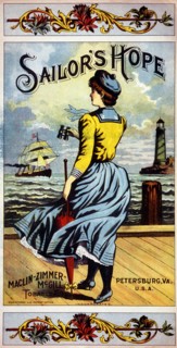 Woman Standing on Dock Looking At Ship in the Harbor, Advertisement for Tobacco Company, circa 1898