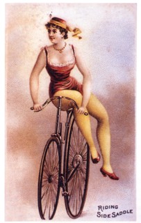 Woman Riding Bicycle Side Saddle, "Riding Side Saddle", The American Tobacco Company Trade Card, 1895